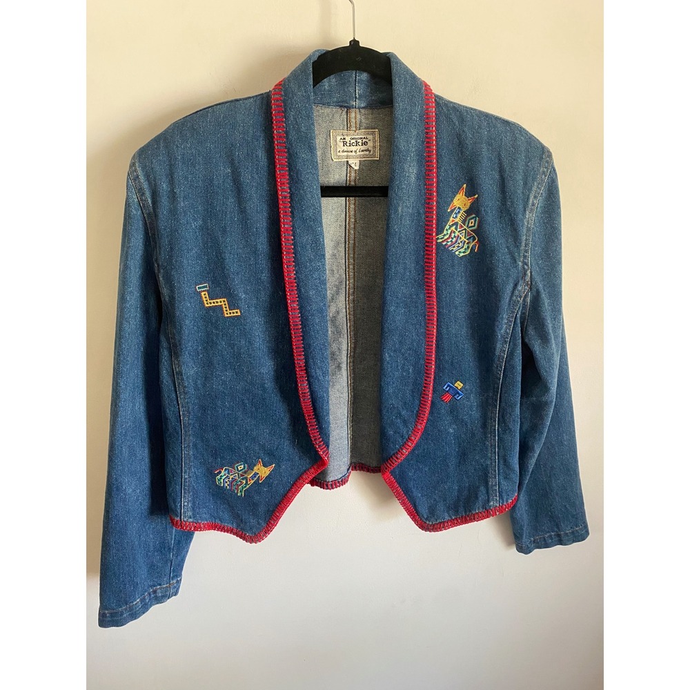 Rickie Vintage Denim Jacket Medium Blue Embroidered Red Blanket Stitch R7028